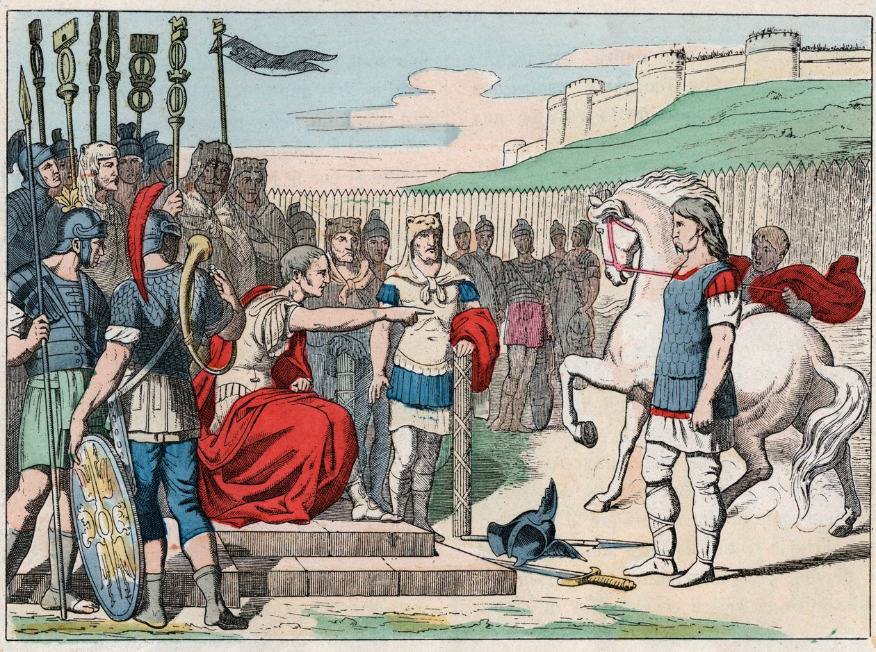 Den galliske kok Vercingetorix (80-46 f.Kr.) tager til Jules Cesar (100-44 f.Kr.) til Alesia i 52 f.Kr. - Vercingetorix (72-46 f.Kr.) gallisk leder, overgiver sig til Cæsar i Alesia (Frankrig) - Indgravering af slutningen af det 19. århundrede i "" Nos Gir af French School