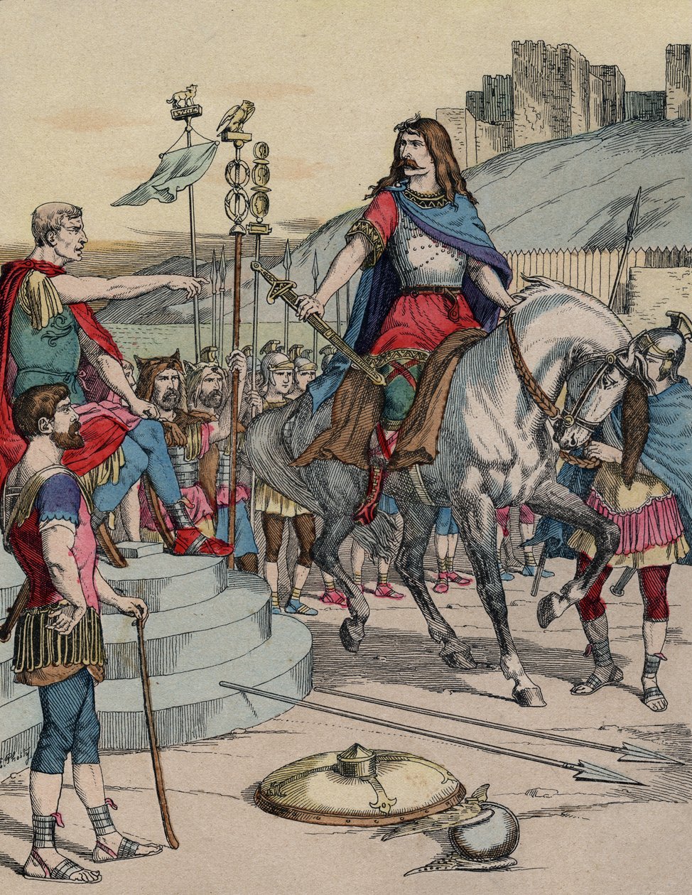 Den galliske høvding Vercingetorix (72-46 f.Kr.) overgav sig til den romerske høvding Julius Cæsar (100-44 f.Kr.) efter slaget ved Alesia i 52 f.Kr. - "" Den galliske leder Vercingetorix (72-46 f.Kr.) overgav sig til den romerske høvding Jules Cesar (100-4 af French School