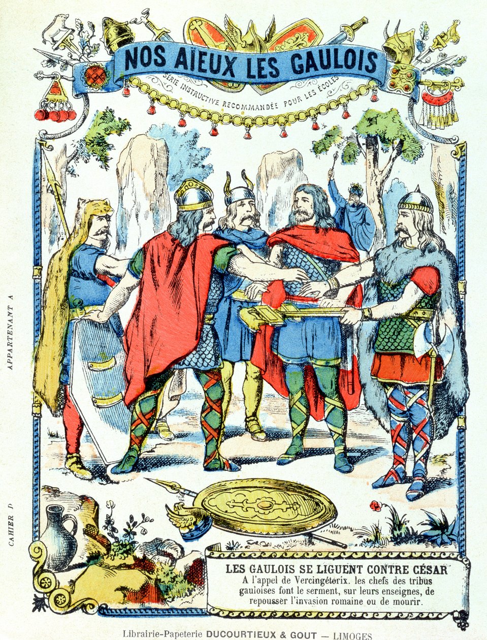 De galliske ledere i ligaen mod Julius Cæsar (100-44 f.Kr.) ledet af Vercingetorix (d.46 f.Kr.) fra et beskyttende hylster til skolebøger, slutningen af det 19. århundrede af French School