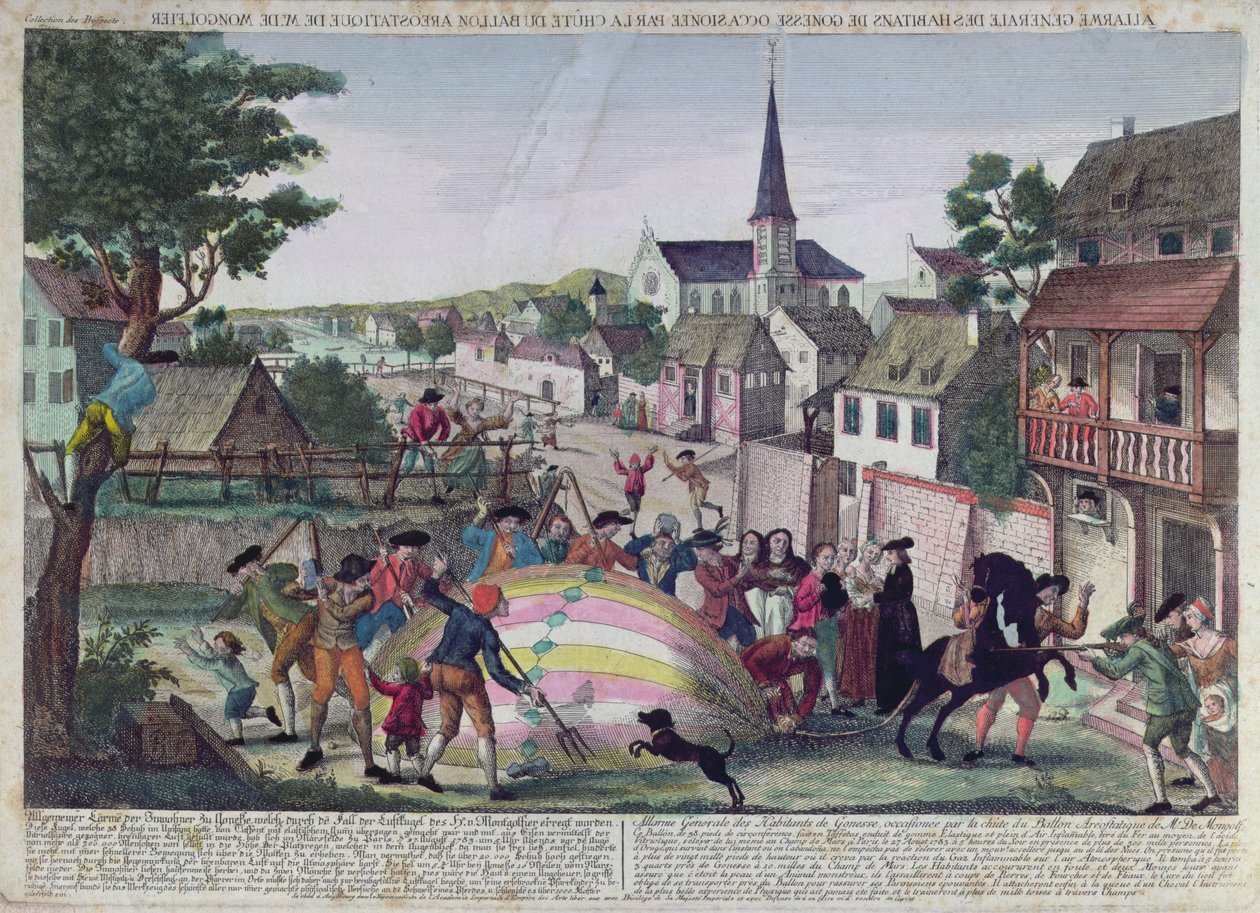 Den generelle alarm for indbyggerne i Gonesse forårsaget af nedstigningen af en ballon, 27. august, 1783 af French School