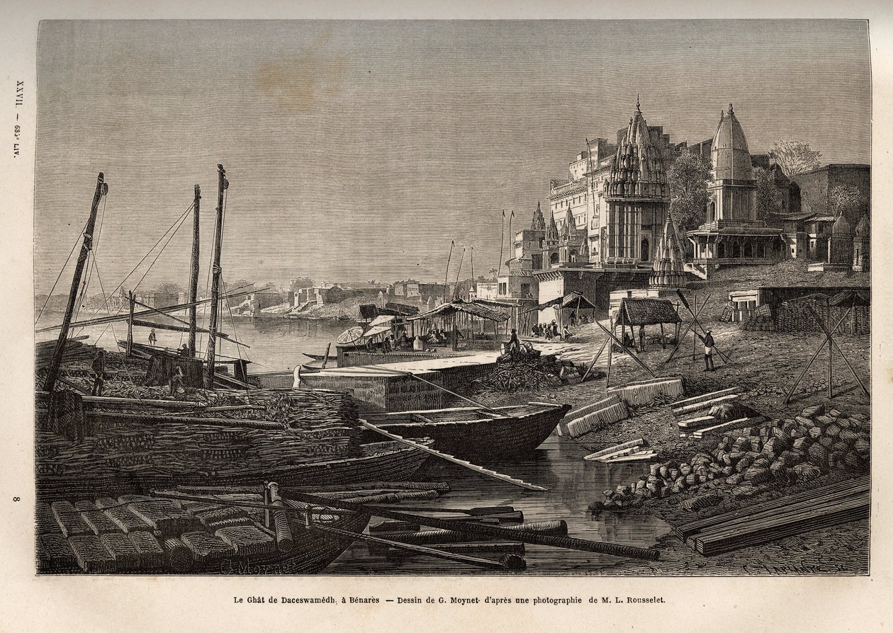 Ghat de Benares (nutidens Vanarasi) (ghat betegner trinene, der dækker bredderne af floderne og bredderne af bassinerne og reservoirerne, der gør det muligt at komme ned i kontakt med vand), indgraveret efter G. Moynets tegning, der illustrerer rejsen t af French School