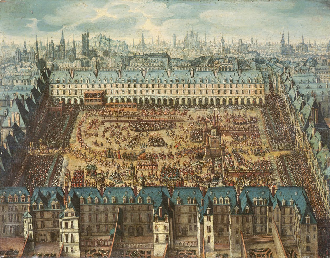 The Glorious Knights Jousting Tournament på Place Royale for at fejre Louis XIIIs (1601-43) bryllup med Anne af Østrig (1601-66) 5., 6. og 7. april 1612 af French School