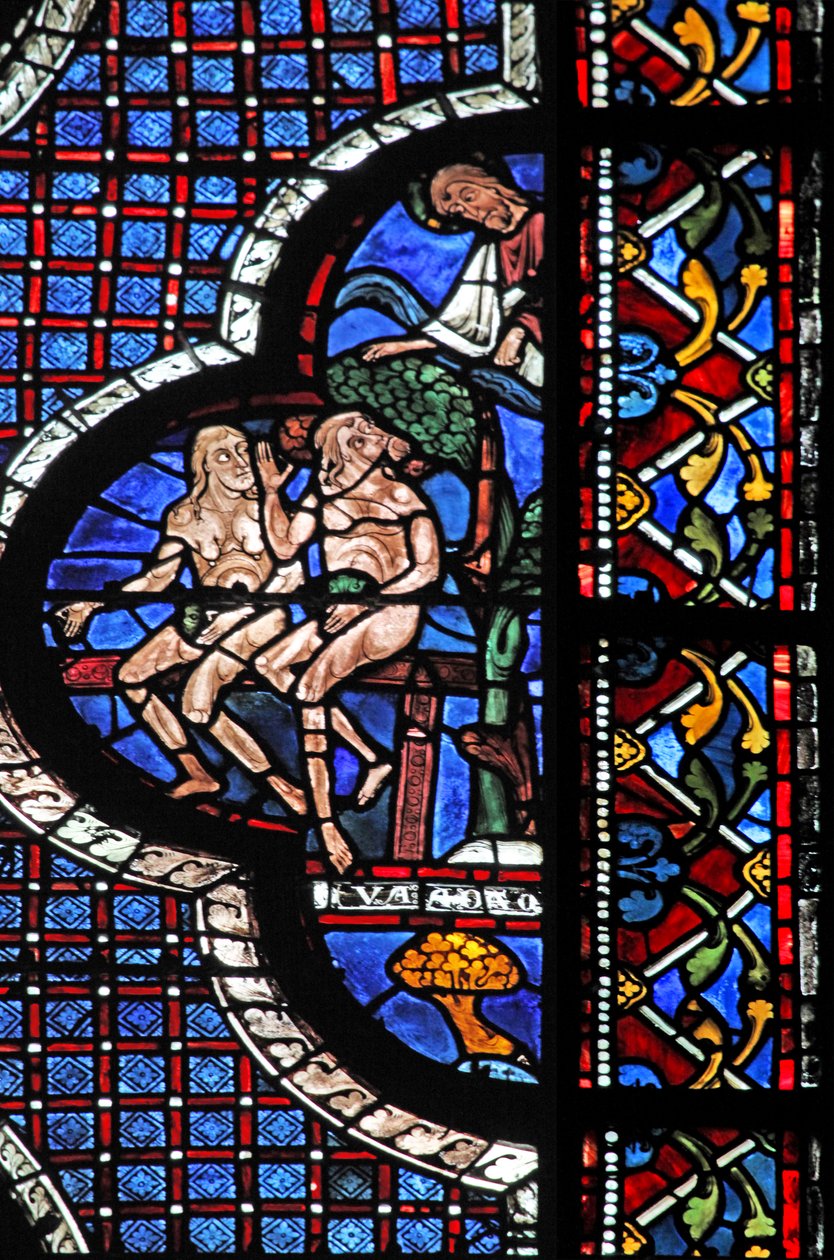 Det barmhjertige samaritanske vindue: Gud kalder Adam og Eva (med figenblade) (w44) af French School