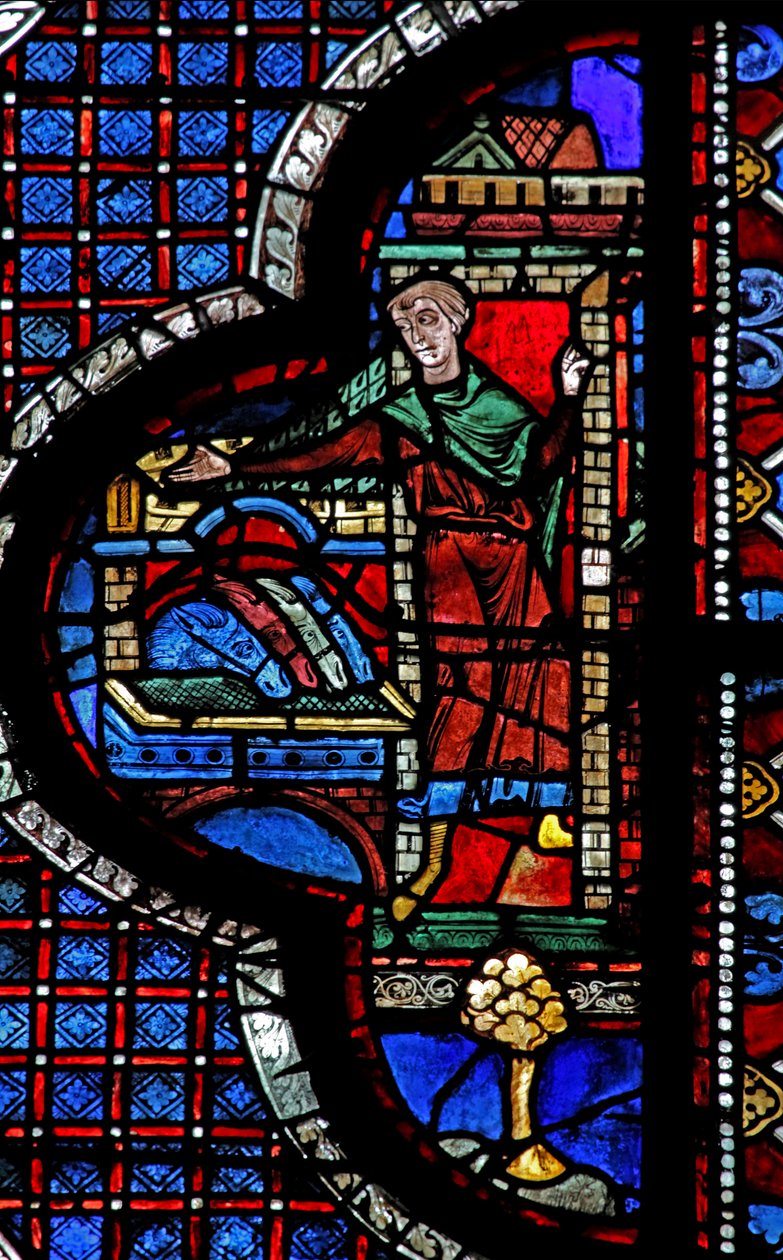 Det barmhjertige samaritanske vindue: Kroen modtager samaritaneren og den sårede mand (w44) af French School