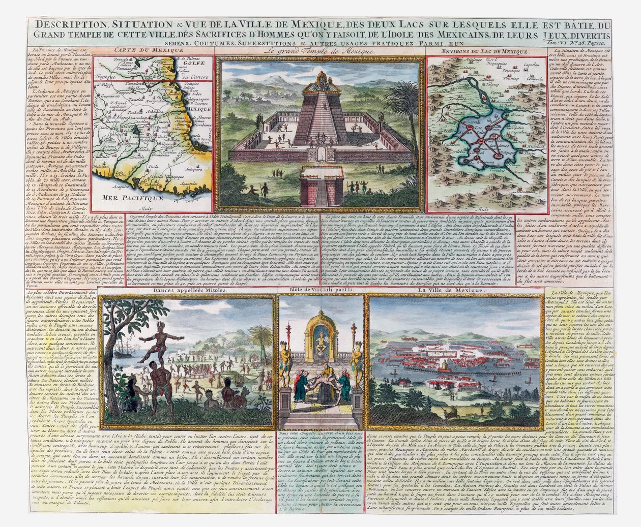 Det store tempel, kort over Mexico og dets omgivelser (farvet indgravering) af French School