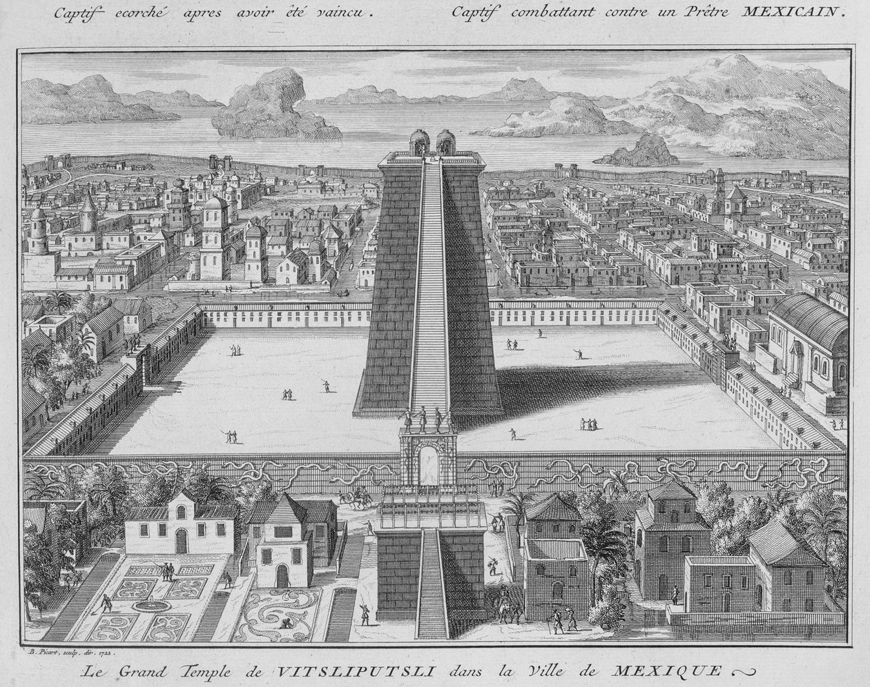 Det store tempel i Vitsliputsli i Mexico City, illustration fra religiøse ceremonier og skikke, indgraveret af Bernard Picart (1673-1733) 1722 af French School