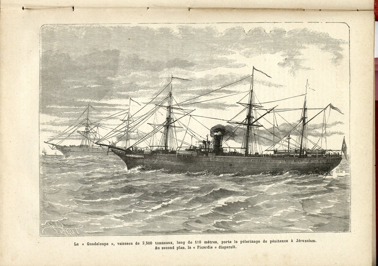 "Guadeloupe", et 2.500 tons fartøj, er 110 meter langt, bærer den bodsmæssige pilgrimsrejse til Jerusalem., Anonymous, The Pilgrim af French School