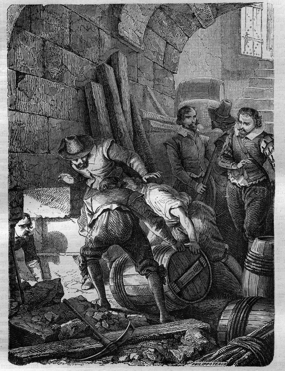 Krudtplottet: Katolikkers sammensværgelse dannet for at myrde kong James I, hans familie og en del af aristokratiet ved at detonere Palace of Westminster (London) ved parlamentets åbningsceremonien den 5. november 1605. Indgravering i "" History of the af French School
