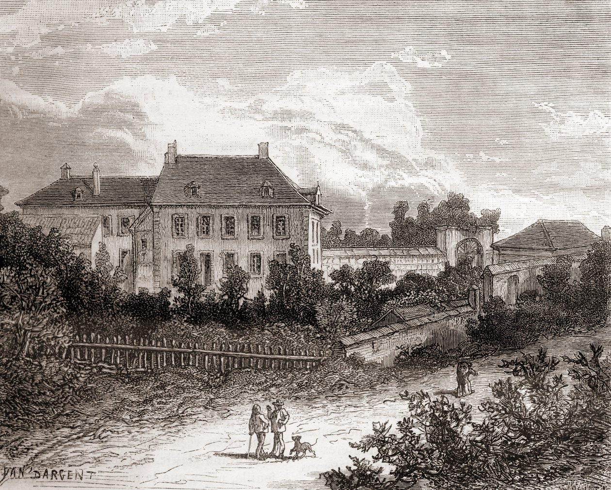 Huset i Gras, nær Chalon-sur-Saône, Frankrig, hvor den franske opfinder Nicéphore Niépce udviklede heliografi, fra Les Merveilles de la Science, udgivet ca. 1870 (stik) af French School