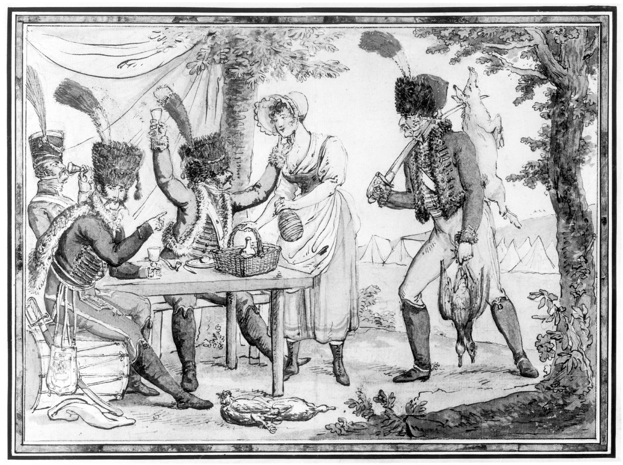 Husarerne og Vivandiere, 1803 (wc på papir) af French School