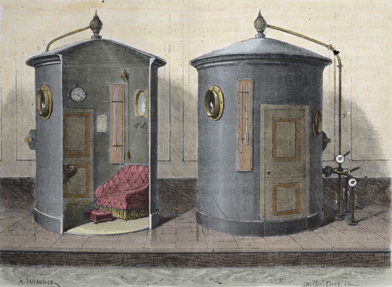Det hyperbariske kammer af Paul Bert (1833-1887), fysiolog og fransk politiker. Stik fra 1855. af French School