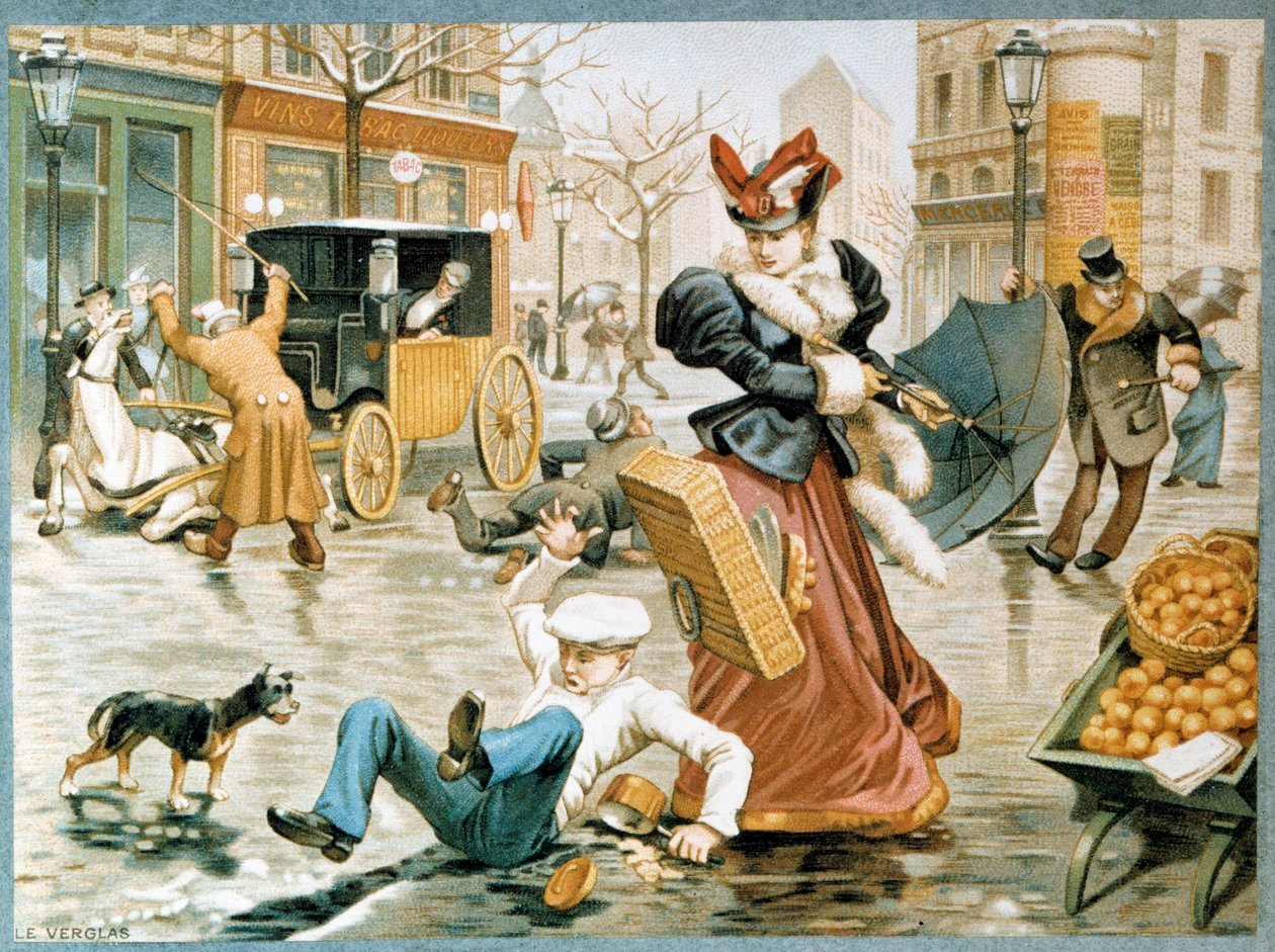 Isscenen de rue i Paris om vinteren, en ekspedient glider på gulvbrættet på grund af isen, samt en hest, der trækker en vogn, 20. århundrede (chromolitografi) af French School
