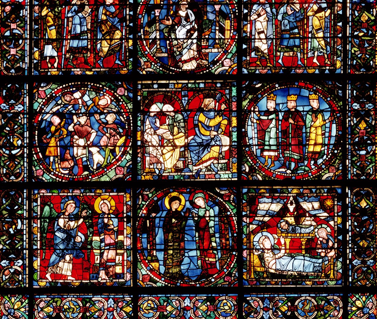 Inkarnationsvinduet, detalje af den nederste del, der viser bebudelsen, visitationen, fødselen, bebudelsen til hyrderne og magierne før Herodes af French School
