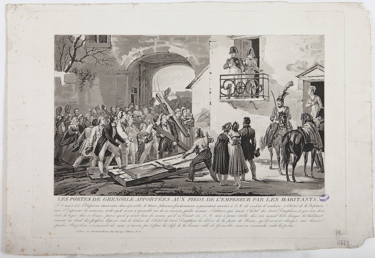 Indbyggerne, der afsætter Grenobles porte ved kejserens fødder, 6. marts 1815, udgivet af Martinet, 1815 af French School