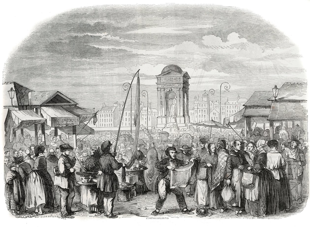 De uskyldige marcherer i Paris med springvandet - Indgravering i "Tableau-de-Paris" af Edmond Texier 1852 af French School