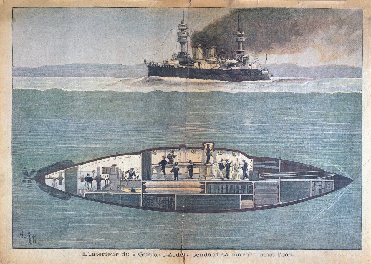 Det indre af Gustave-Zedei under vandet, 1899 (farvegravering) af French School