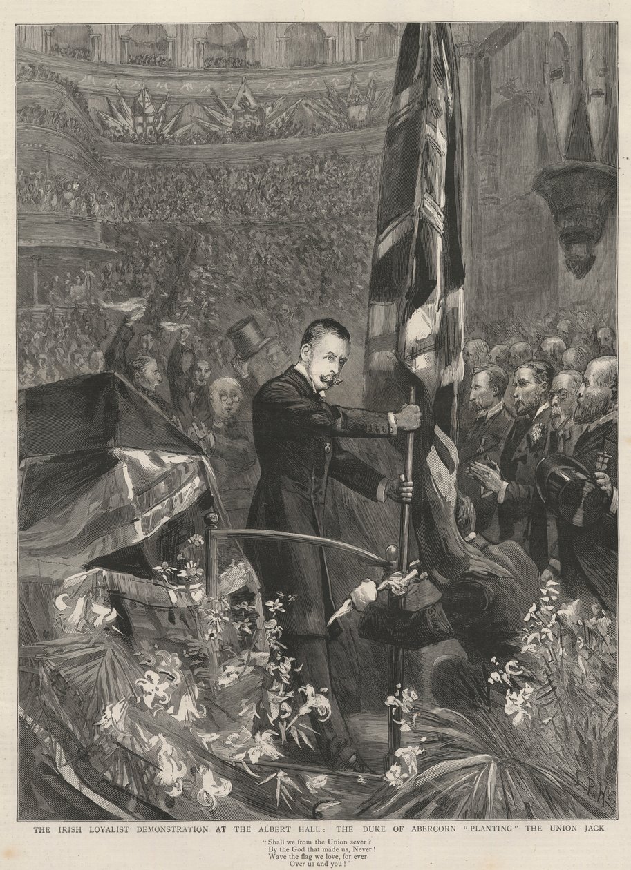 Den irske loyalistdemonstration i Albert Hall, London, 1893: Hertugen af Abercorn (James Hamilton) (1811-1885) planter Union Jack. af French School