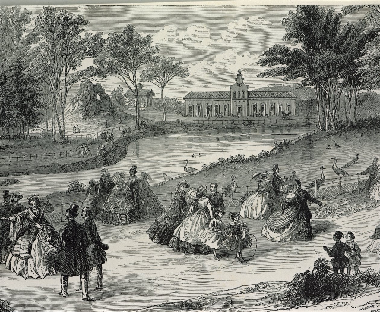 Jardin dAcclimatation, Paris, 1855 (bw-gravering) af French School