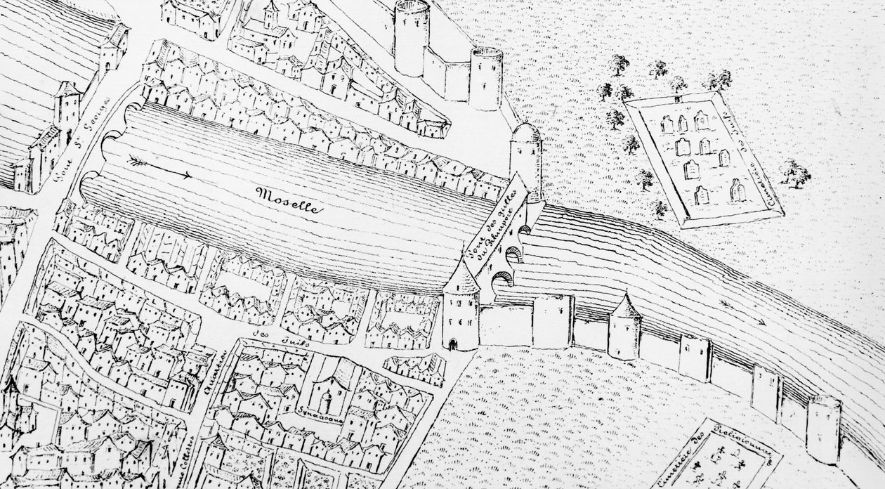 Det jødiske kvarter i Metz i løbet af det 16. århundrede, illustration fra History of the Jews in the North-East of the North-East of France af Emile Auguste Begin, 1838 af French School