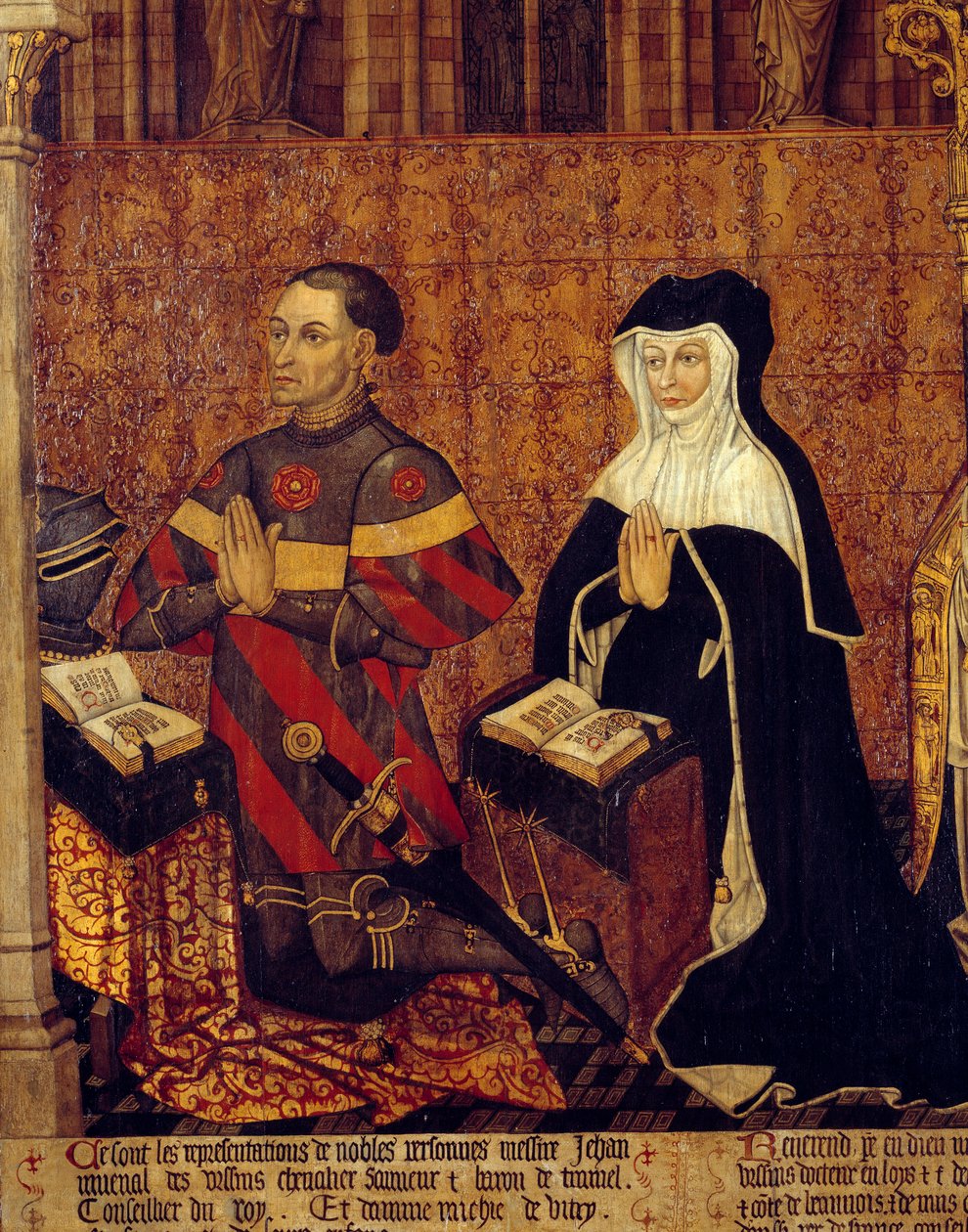 The Jouvenel Family of Ursins Detail af Jean Juvenal des Ursins (1360-1431) og hans kone. Maleri på træ af den franske skole. 1443-1449. Søn 1,3x3,5 m Paris, middelalderens nationalmuseum, Thermes de Cluny af French School