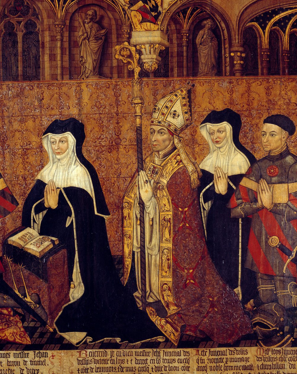 Familien Jouvenel af Ursins Detalje af Archeveque (til venstre Jean Juvenals hustru). Maleri på træ af den franske skole. 1443-1449. Søn 1,3x3,5 m Paris, middelalderens nationalmuseum, Thermes de Cluny af French School
