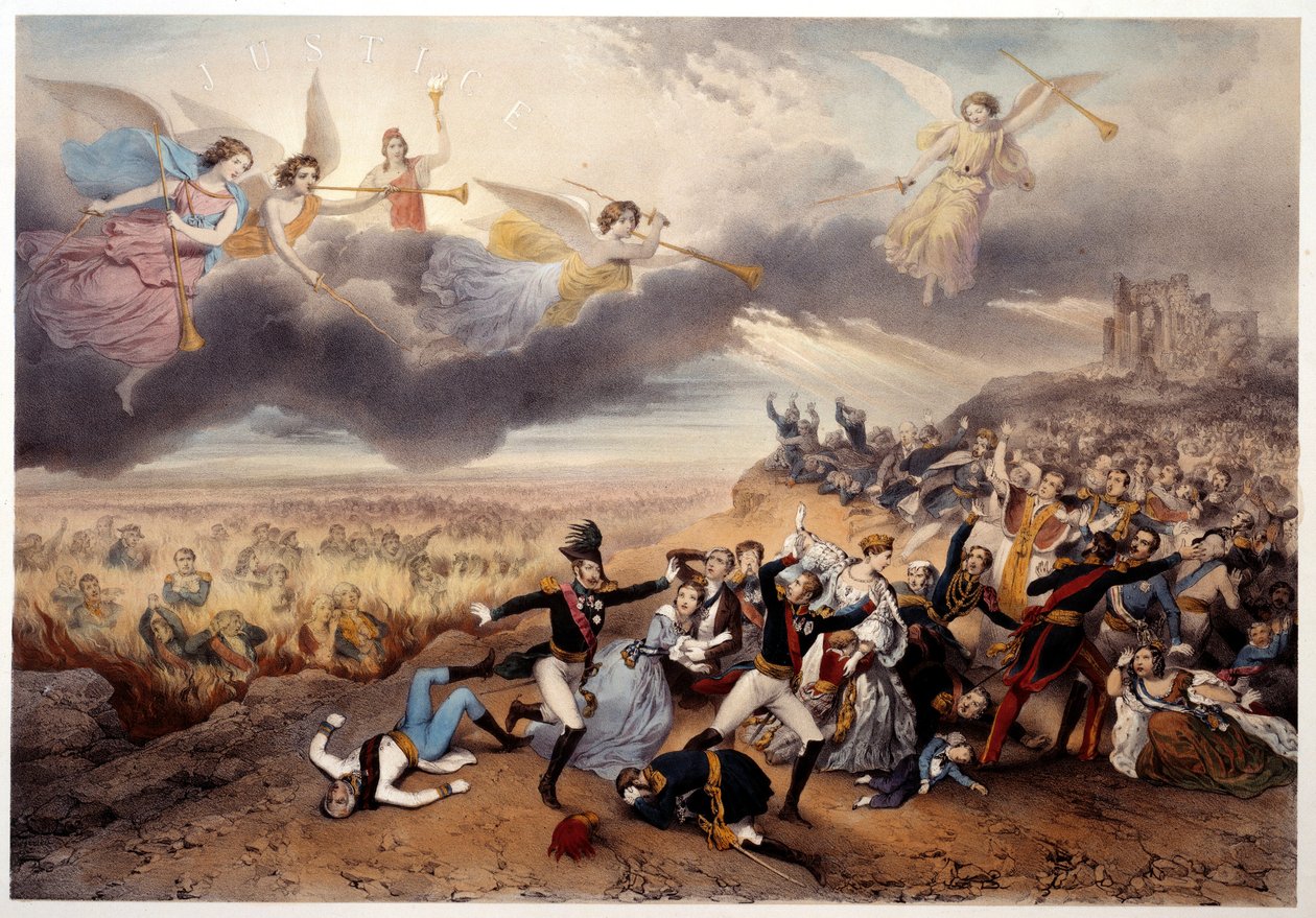 Guds dom Apokalypsens engle lyder med trompeter og annoncerer den sidste dom, før monarkerne og andre hovedpersoner i fransk historie, Napoleon I og repræsentanter for det gamle regime brænder i Helvedes flammer. Illustration lavet af French School