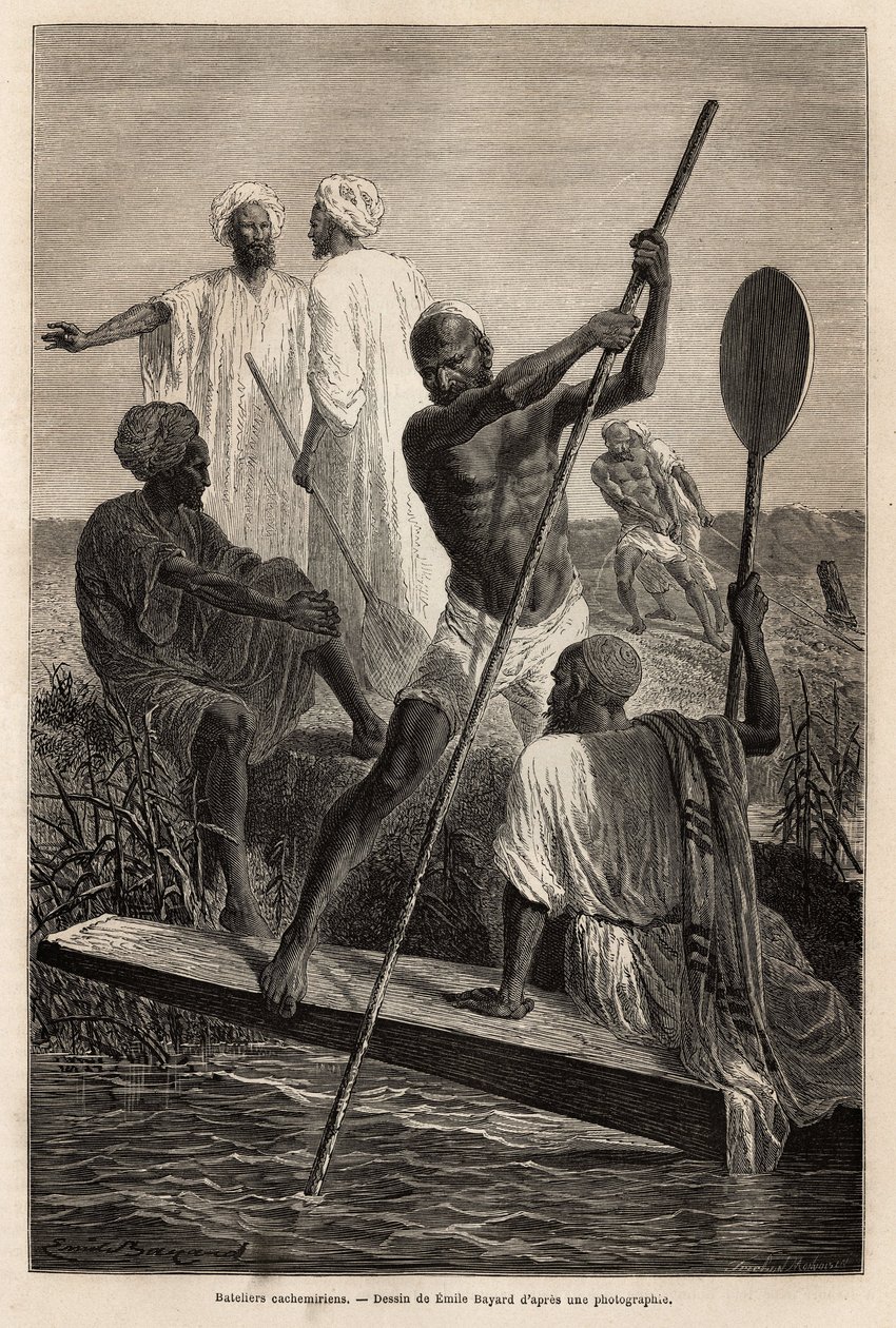 De kashmiriske bådsmænd, i nærheden af Srinagar (Shrinagar), i fuld arbejde - Indgravering for at illustrere historien om Pandjab og Kashmir, af Guillaume Lejean i 1866, udgivet i "" Le tour du monde"" 1870-1871, redigeret af Edouard Charton, Hachette udga af French School