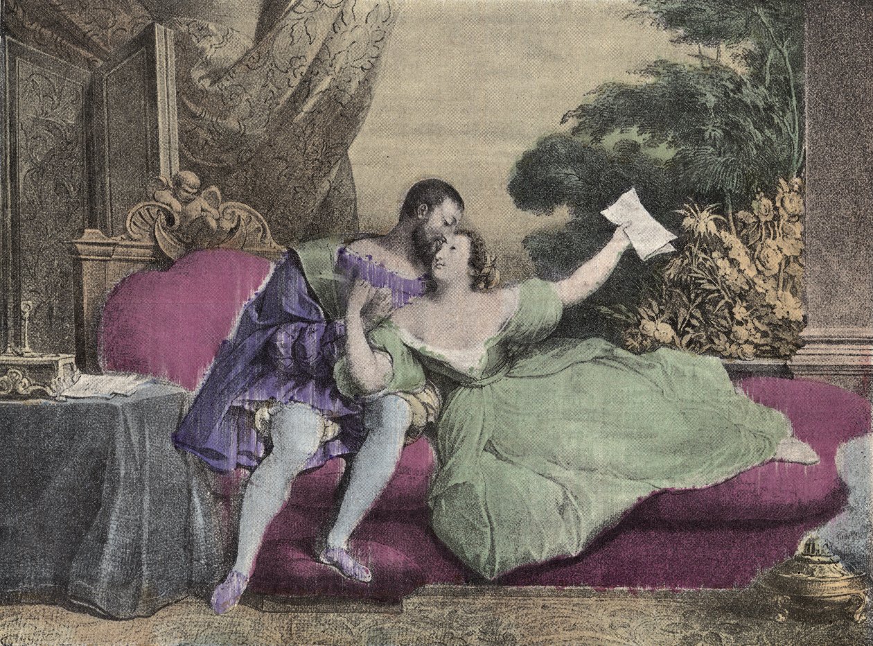 Kongen af Frankrig Francois I (1494-1547) med Diane de Poitiers (1499-1566) Dame af Breze, hertuginde af Valentinois. Litografi af Daveria fra 1832 i "" Laughs Et Galanterie "". Ugentlig samling af Galantes-billeder i retning af John Grand-Carteret. af French School
