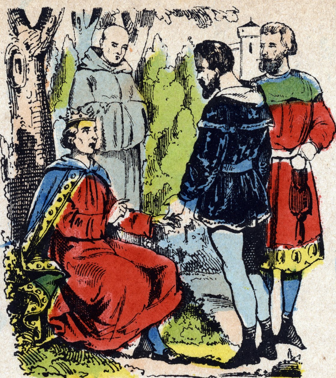 Kongen af Frankrig Louis IX dit Saint-Louis” (1214-1270) yder retfærdighed under en eg i Vincennes - Kongen af Frankrig Saint Louis (1214-1270) yder retfærdighed under en eg i Vincennes af French School