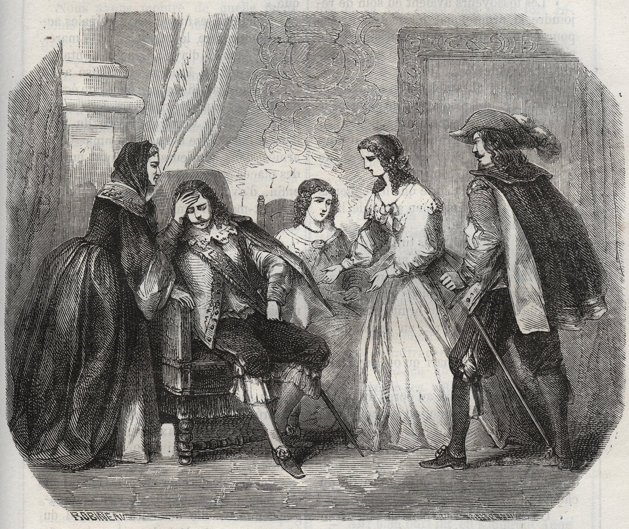 Kongen af Frankrig Ludvig XIII (1601-1643) bliver fanget med migræne, da han taler med dronning Anne af Østrig (1601-1666). Indgravering fra 1871 i "Histoire Des Cocus Celebres"" af Henry de Kock (1819-1892). af French School