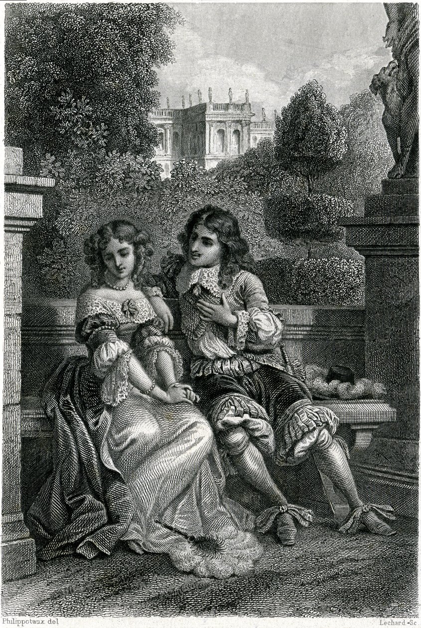 Frankrigs konge Louis XIV i galant selskab med Mademoiselle de la Vallière af French School