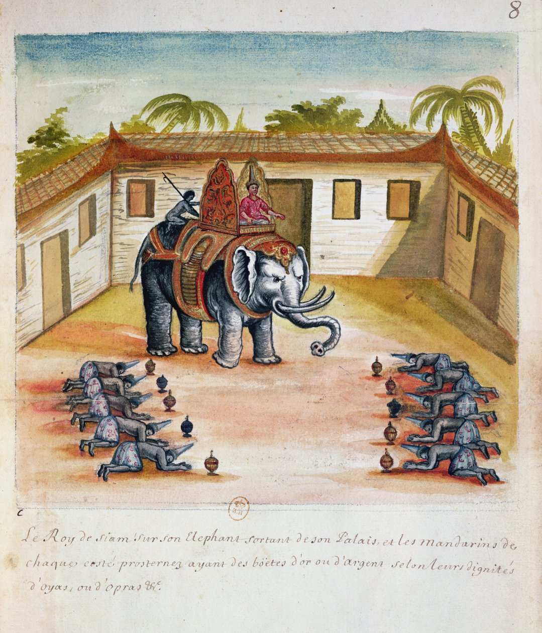 Kongen af Siam på sin elefant, fra en beretning om jesuitterne i Siam, 1688 (wc på papir) af French School