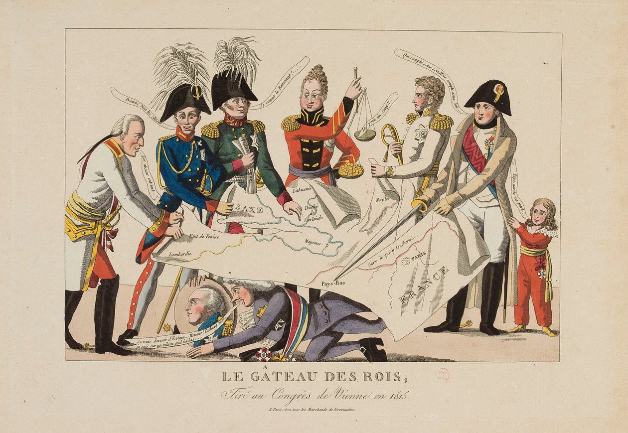 Kongernes kage bliver skåret ved Wienerkongressen (november 1814-juni 1815), ca. 1815 (farvegravering) af French School
