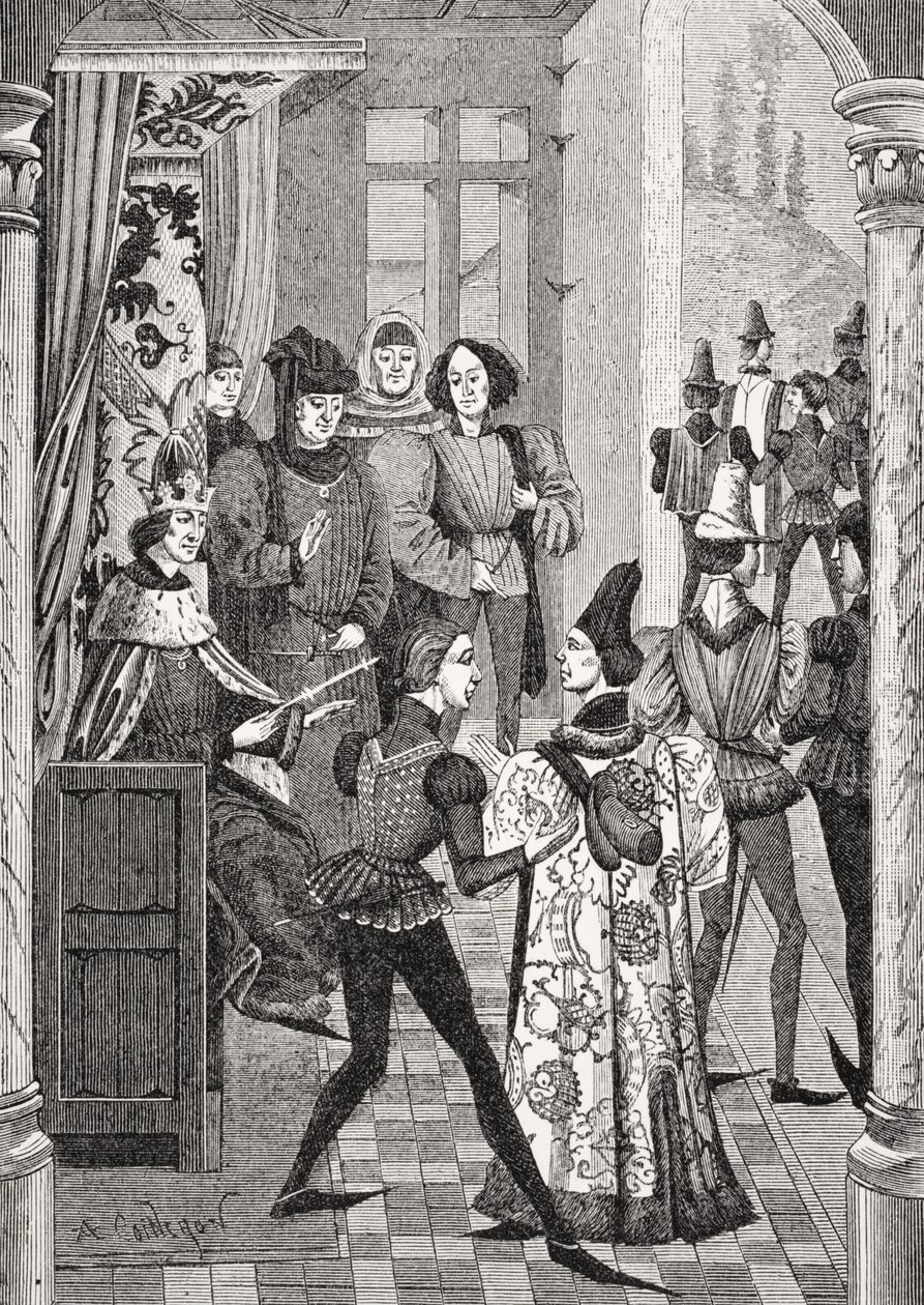 Kongens hof eller det store råd, efter en miniature i Froissarts krønike, fra "Le Moyen Age et la Renaissance" af Paul Lacroix (1806-84), udgivet 1847 af French School