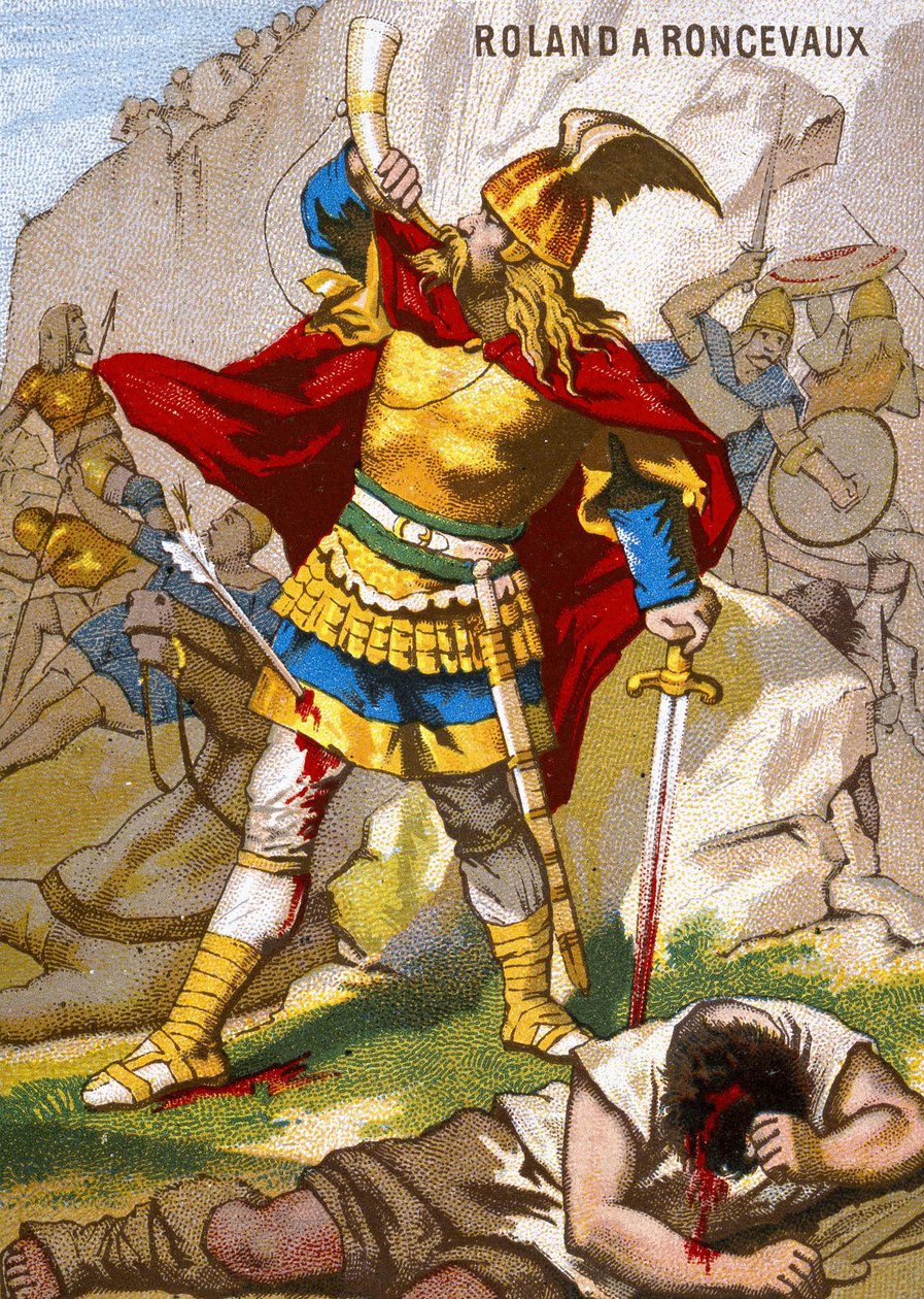 Ridderen Roland har Roncesvalaux til at lyde oliven. Roland, der kørte bagvagten af Karl den Stores hær, blev overrasket af Vasconerne den 15. august 778. Han slog derefter sit horn, for sent til, at kongen kunne hjælpe ham. Kromolitografi af serien "" Pa af French School
