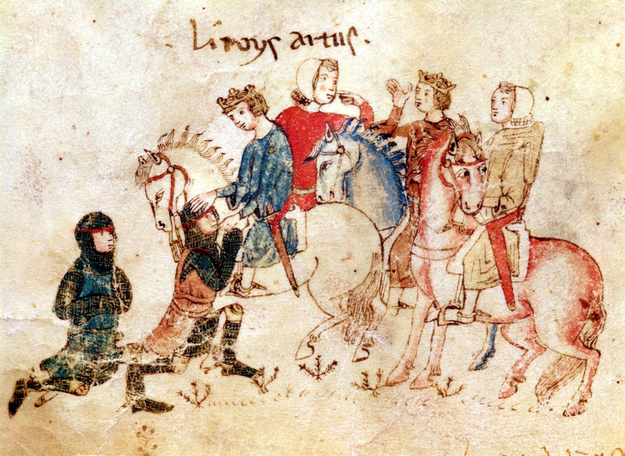 Knights Esclabor og Arphasar tilbyder deres tjenester til kong Arthur, fra Roman de Meliadus af French School