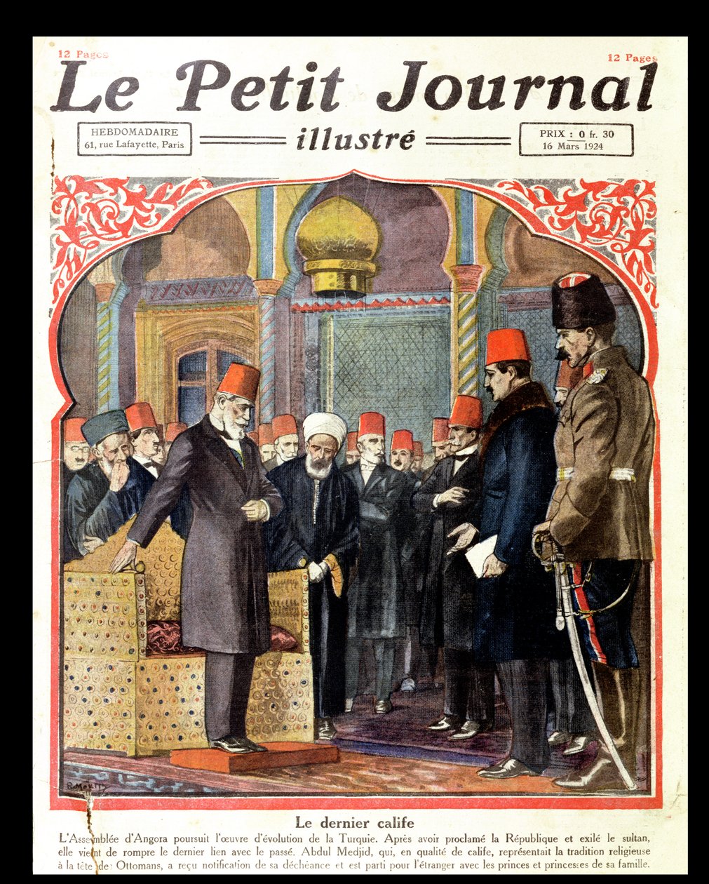 Den sidste kalif, Abdul Majid II (1868-1944) afsat fra tronen af Ankara-forsamlingen, fra Le Petit Journal, 1924 af French School