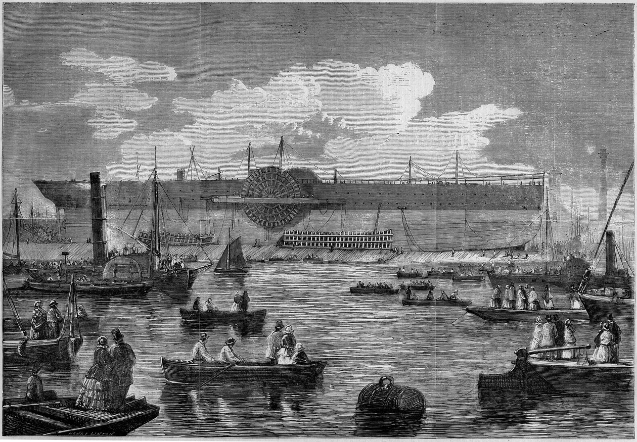 "Leviathan" (Great Eastern), det første gigantiske linjeskib, under sit forsøg på at søsætte i 1857. Indgravering i "" Le Monde Illustré"" nr. 31 af 14. november 1857. af French School