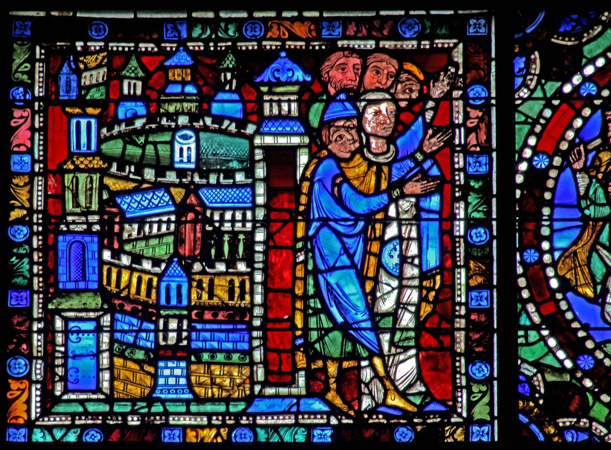 The Life of Christ window: Flight into Egypt - Jerusalems indbyggere byder tilbagekomsten velkommen (w50) af French School