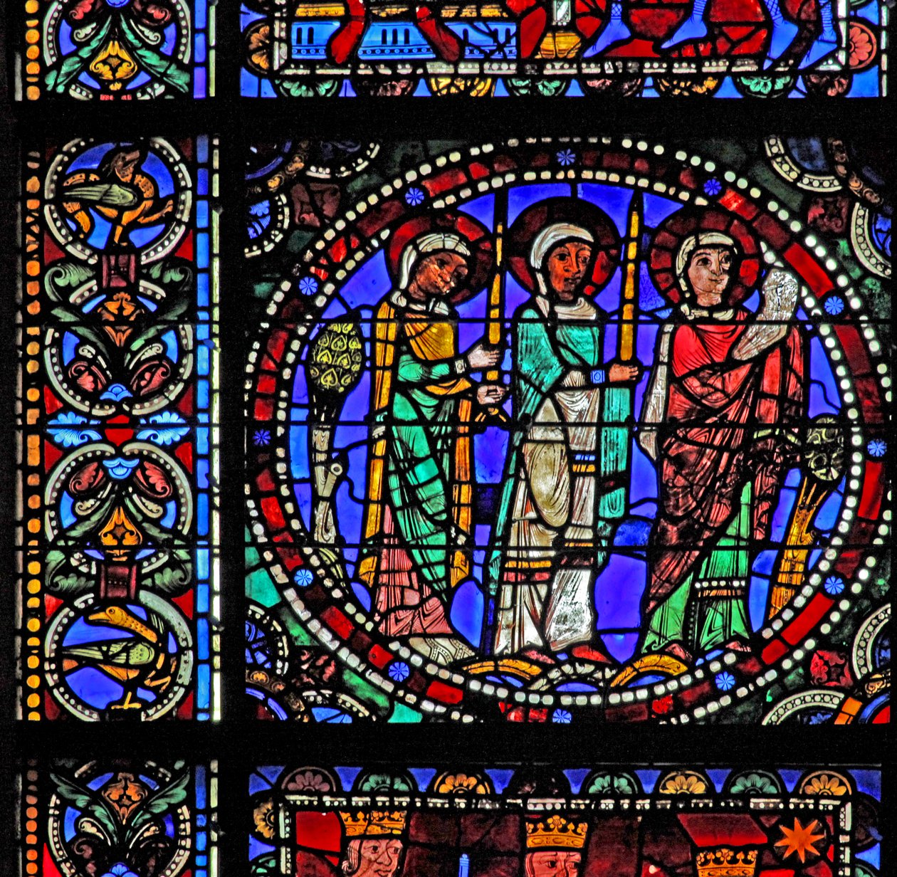 The Life of Christ-vinduet: Tre helgener, der overværer præsentationen i templet (med næste panel) (w50) af French School