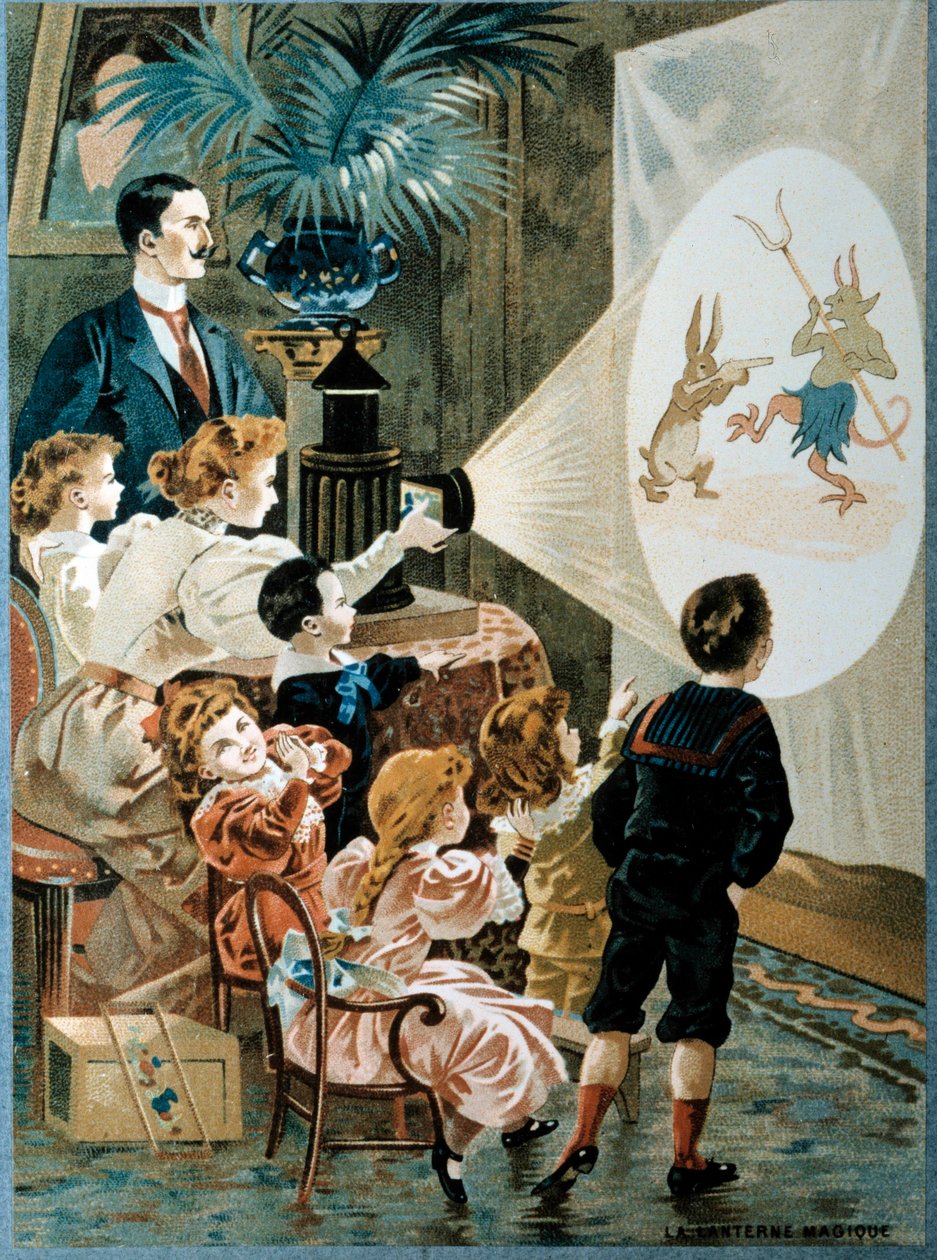 Den magiske lanterne i familien Børn kigger på den magiske lanterneskærm, 20. århundrede (chromolitografi) af French School