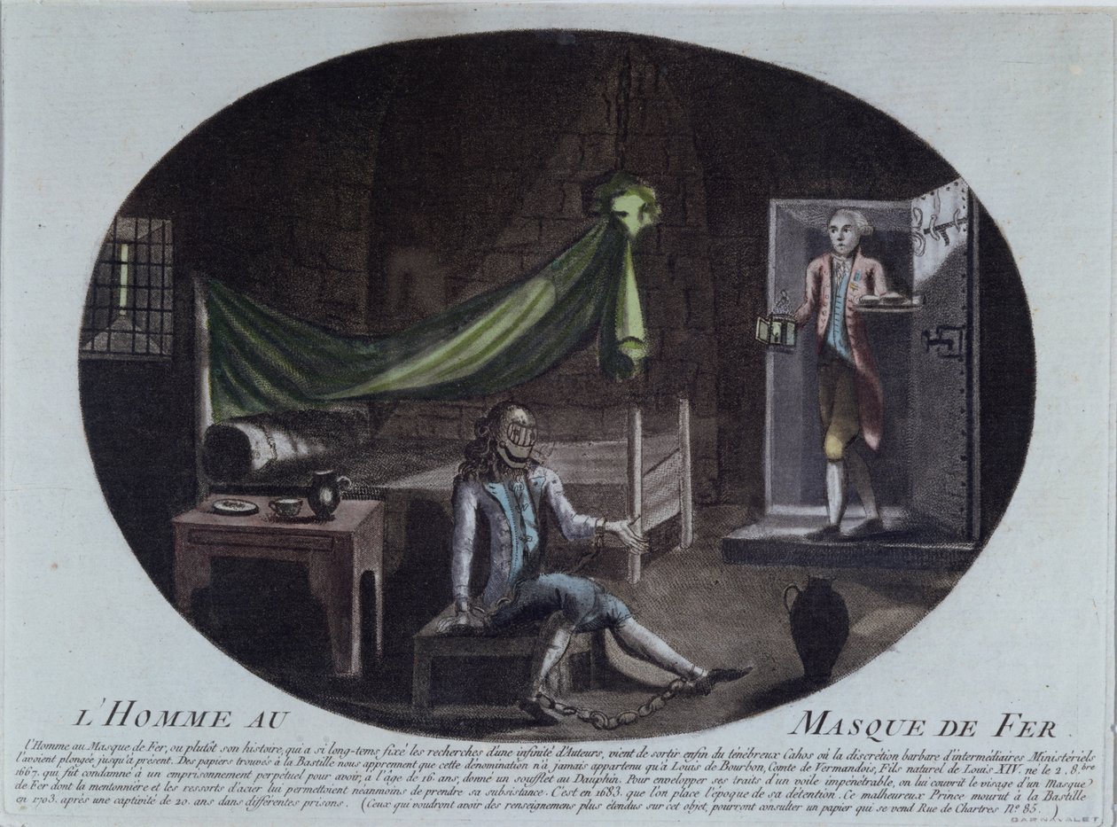 Manden i jernmasken (d.1703) fængslet i Bastillen, tryk af 1789-90, der identificerer ham som Louis de Bourbon, Comte de Vermandois, søn af Louis XIV (1638-1715) og Louise de la Valliere (16) af French School