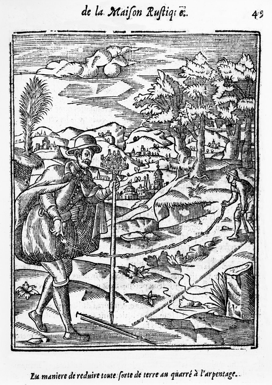 The Way in which to reduce in any form of ground to the Surveying Square, illustration fra LAgriculture et Maison Rustique af Charles Estienne, udgave udgivet 1641 af French School