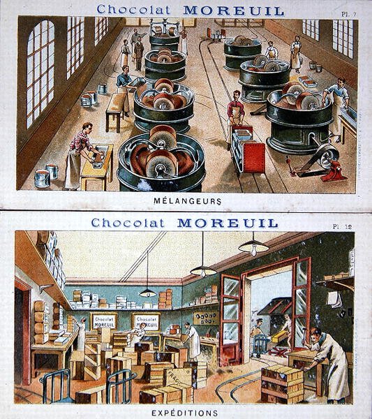 Fremstilling og distribution af chokolade, billedreklamechokolade Moreuil, ca. 1900 (se også 157413) af French School