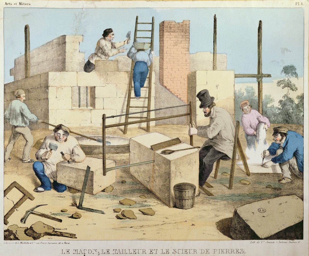 Mureren, stenskæreren og stensaveren, ca. 1860 af French School