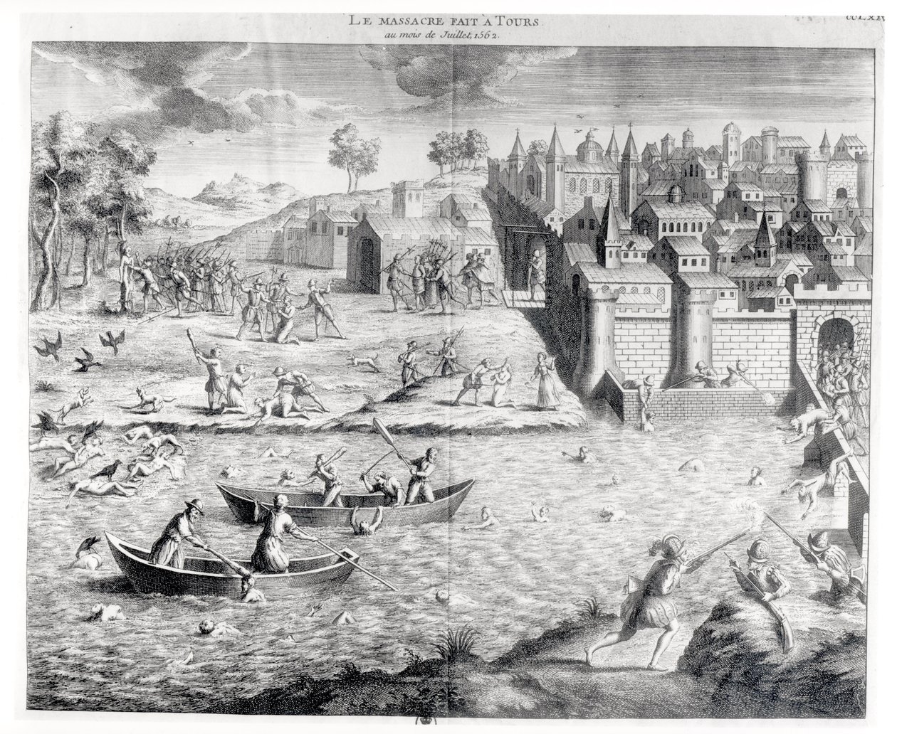 Massakren på huguenotterne ved Tours i 1562 af French School