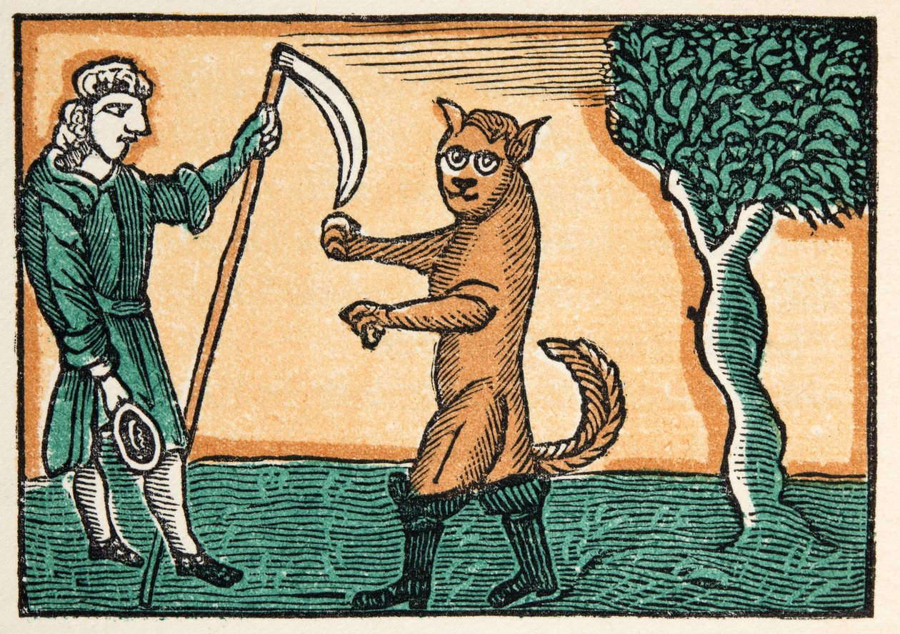 The Master Cat or Puss in Boots fra Histories or Tales of Past Times told by Mother Goose, With Morals, af M Perrault, pub. 1925 (håndkoloreret træsnit) af French School