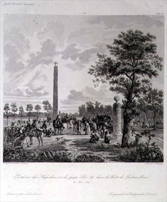 Mødet mellem Napoleon og pave Pius VII i skoven Fontainebleau, indgraveret af A. Lipinski, 26. november 1804 (stik) af French School