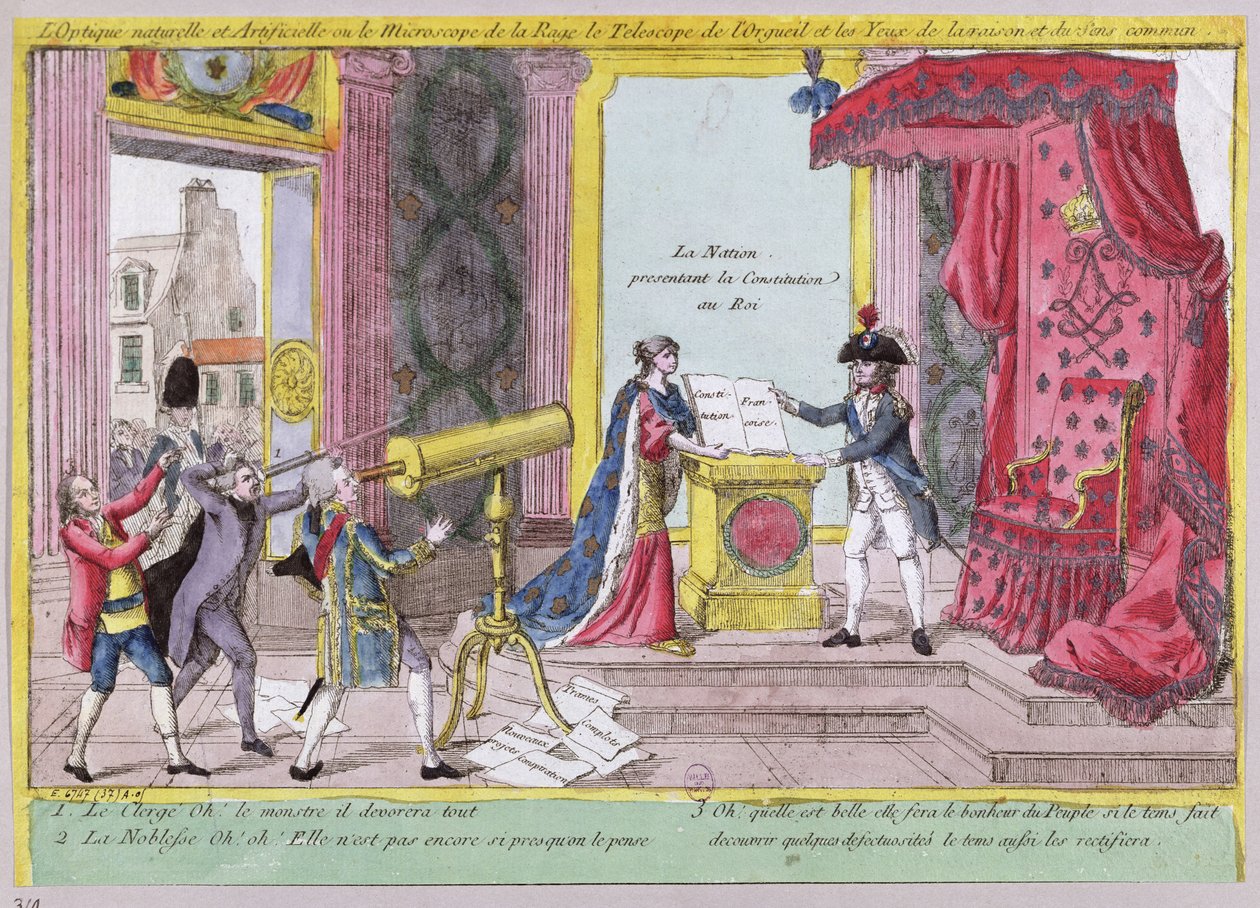 The Microscope of Rage, the Telescope of Pride and the Eyes of Reason and Common Sense, karikatur af adelens og gejstlighedens reaktion på den franske forfatning, ca. 1791 af French School