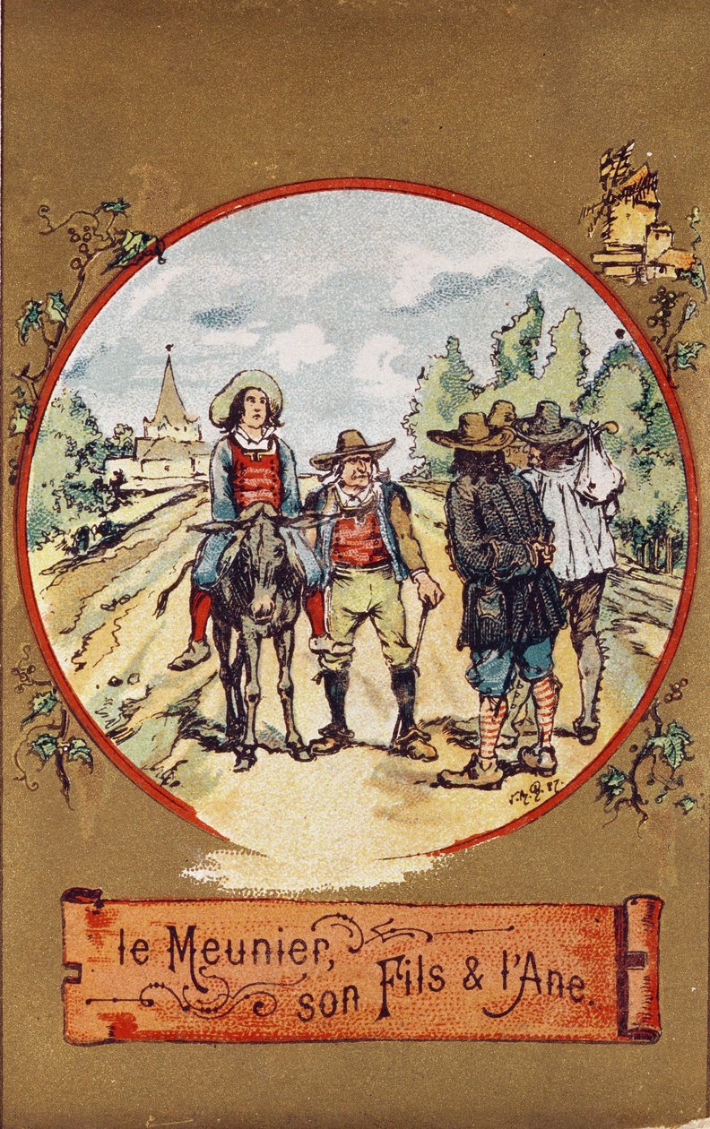 Mølleren, hans søn og æslet, ca. 1880 (farvet indgravering) af French School